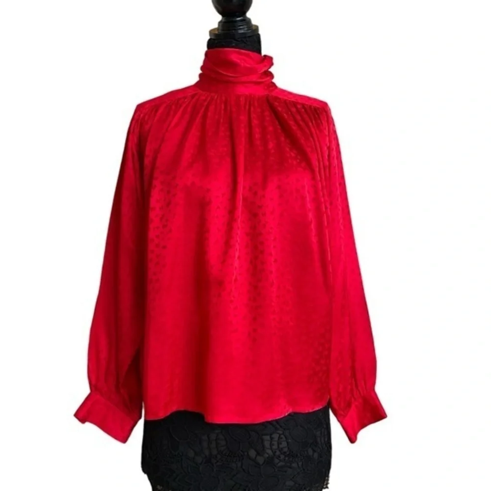 Vintage red silk gathered Flowy high neck oversized 80s blouse Size Medium